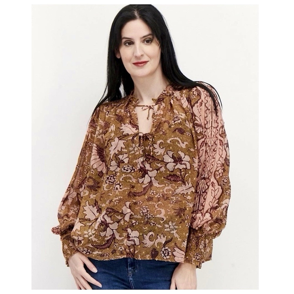 OPT Smocked Sheer Metallic Floral Blouse Top Sz M Long Sleeve Peasant Tie Neck